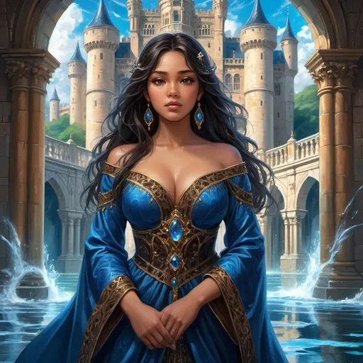 Prompt: anime painting, anime, woman brown skin, dark brown eyes, round face, fantasy mage clothes dress, black hair, chubby body, plus size, water magic, blue magic, princess, royalty, standing inside castle,