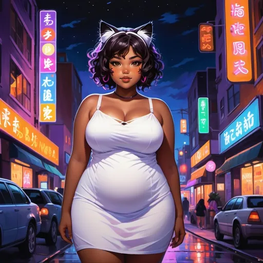 Prompt: (semi-realistic anime painting), woman with (brown skin), (dark brown eyes), (round chubby face), (black cat ears), (black cat tail), (black curly hair), (plus size body), (chubby body), (wearing a simple white dress), set in a vibrant, neon-lit city at night, with (colorful glowing signs), deep blues and purples contrasting with warm neon hues, capturing a whimsical yet cozy ambiance, ultra-detailed, enchanting atmosphere, semi-realism.