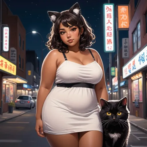 Prompt: anime painting, semi-realism, semi-realistic, woman brown skin, dark brown eyes, round face, chubby face, she has black cat ears and black cat tail, black curly hair, chubby body, plus size, plump body, wearing a simple white dress, outside in a neon sign city at night,