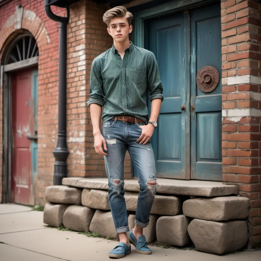 Prompt: A young man stands confidently in a rustic outdoor setting, wearing a stylish dark green striped shirt tucked into faded, distressed blue jeans. His outfit is complemented by casual gray loafers, which highlight his laid-back demeanor. The background features a mix of weathered brick structures and a brightly colored temple, with hints of colorful decorations atop its roof. The scene has a soft, muted lighting characteristic of a late afternoon, creating an inviting and relaxed atmosphere. The young man's posture and expression suggest a sense of pride and ease, capturing a moment in daily life that balances modern fashion with traditional surroundings.