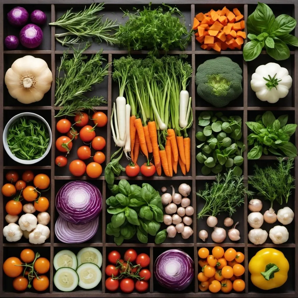 Prompt: A collage of seasonal vegetables and herbs harmoniously arranged, highlighting the beauty of seasonal eating.
