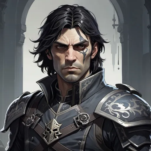 Prompt: A dark-haired man in armor, with long slightly disheveled hair in a fantasy world, drawn in the style of the game Dishonored