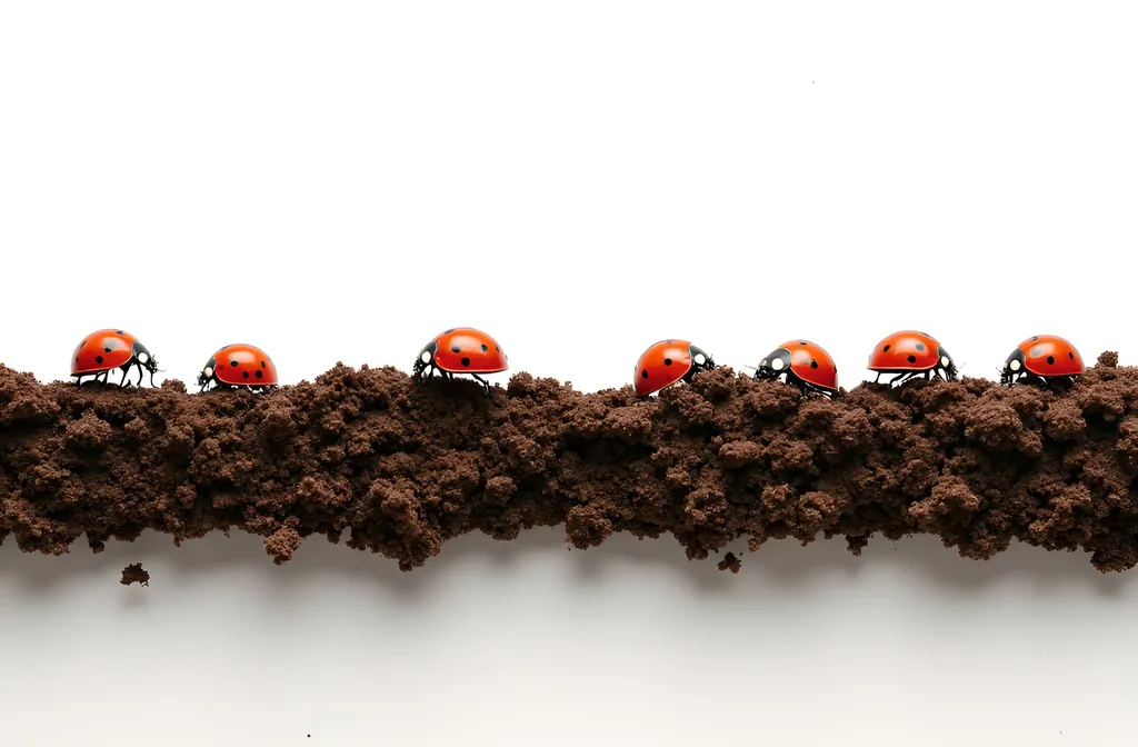 Prompt: Create a picture where I can see the horizontal layer of dry dark brown mud with ladybugs on it also the top, background should be white