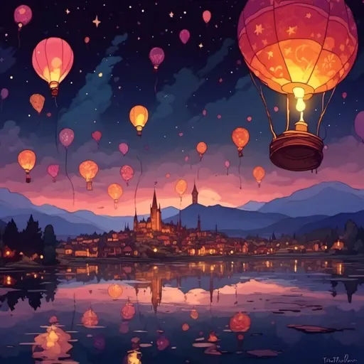 Prompt: <mymodel>tiny lantern balloon festival, night sky, lake, town