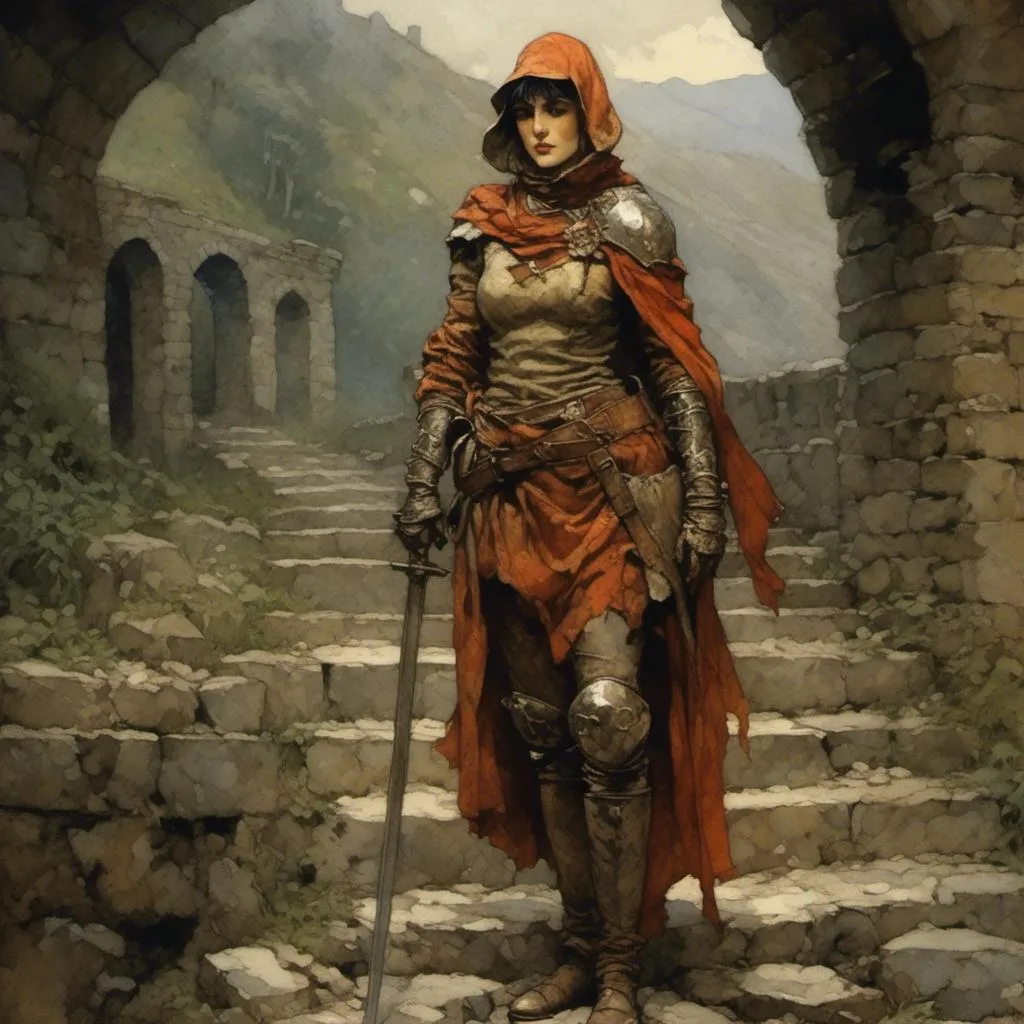 Prompt: <mymodel> female knight after a tough battle, still recovering, battered and bruised, crossing a stone bridge,  torn armor, broken armor, sweaty, in pain. Full body. somber