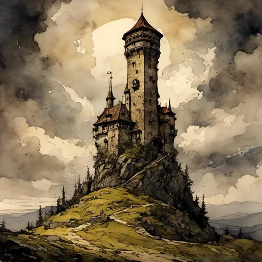 Prompt: <mymodel>wizards tower, magic, arcane, power, sigil, clouds, landscape, rural, high contrast, shadows, bold lines