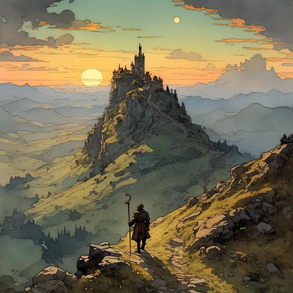 Prompt: <mymodel>silhouette of an knight adventurer hiking along a ridgetop at sunrise