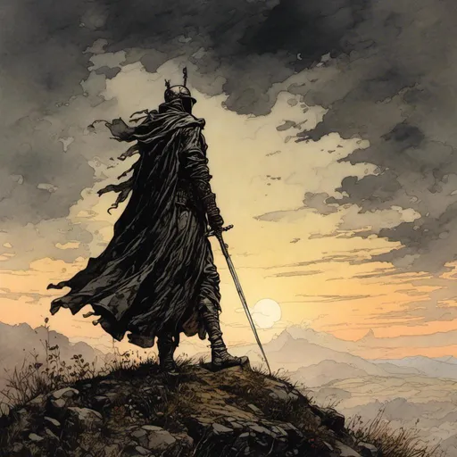 Prompt: <mymodel>A black knight, warrior, walking along a ridge, high contrast, dawn, wind