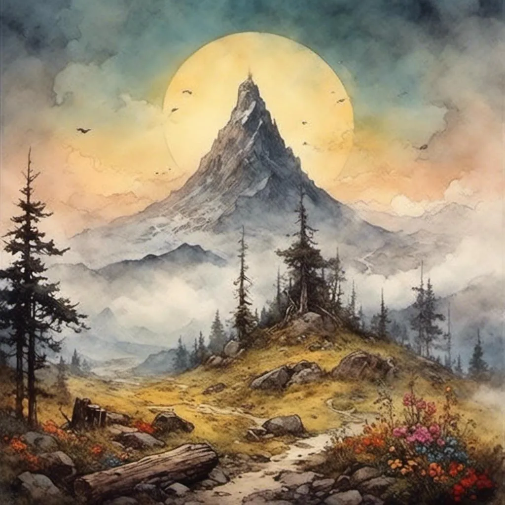 Prompt: <mymodel>the lonely mountain, surrounded by log hanging fog, landscape, high contrast, birds, flowers, haze, flat surrounding lands