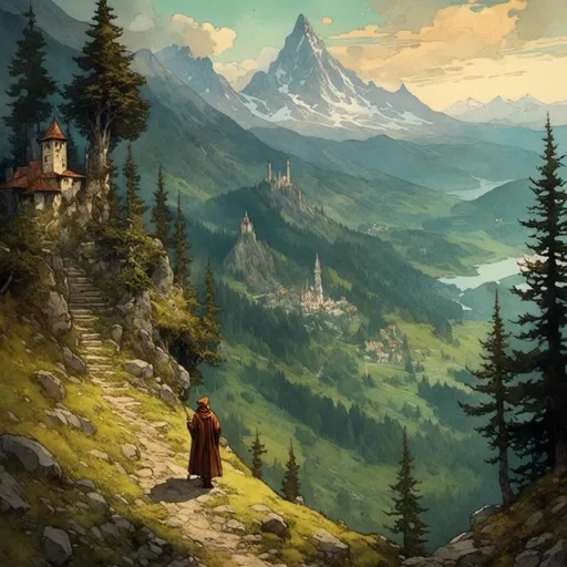 Prompt: <mymodel>lone wandering wizard, fantasy world, landscape, fantasy style, majestic mountains, lush forests, magical creatures, ethereal lighting