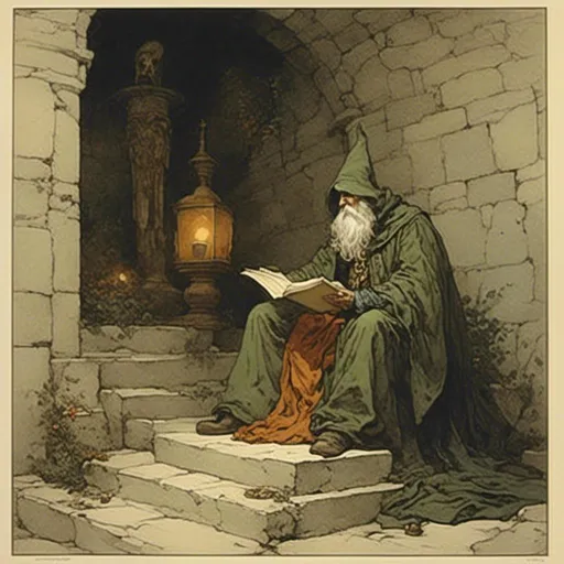 Prompt: <mymodel> An old wizard studying a tomb in his tower.