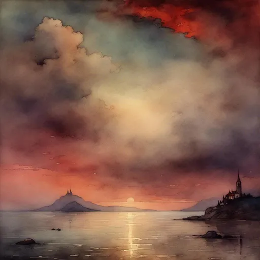 Prompt: <mymodel>blood soaked sky over a calm sea, landscape, scenic, ocean, clouds, light fog