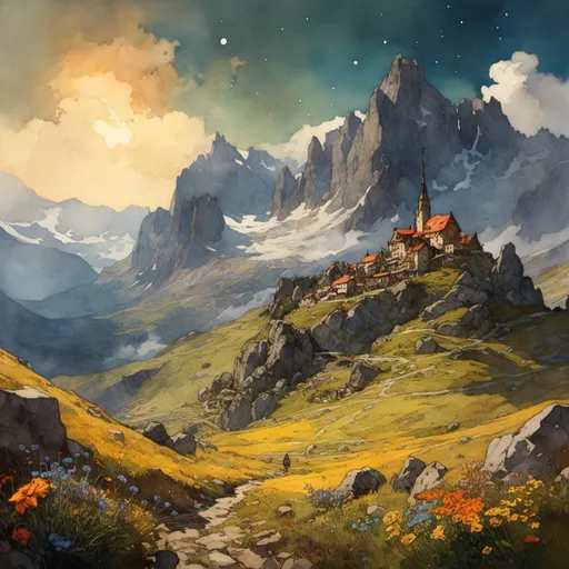 Prompt: <mymodel>high contrast, rocky highlands, crags, low sun, stars, clouds, wind, flowers, a distant cluster of homes in the valley