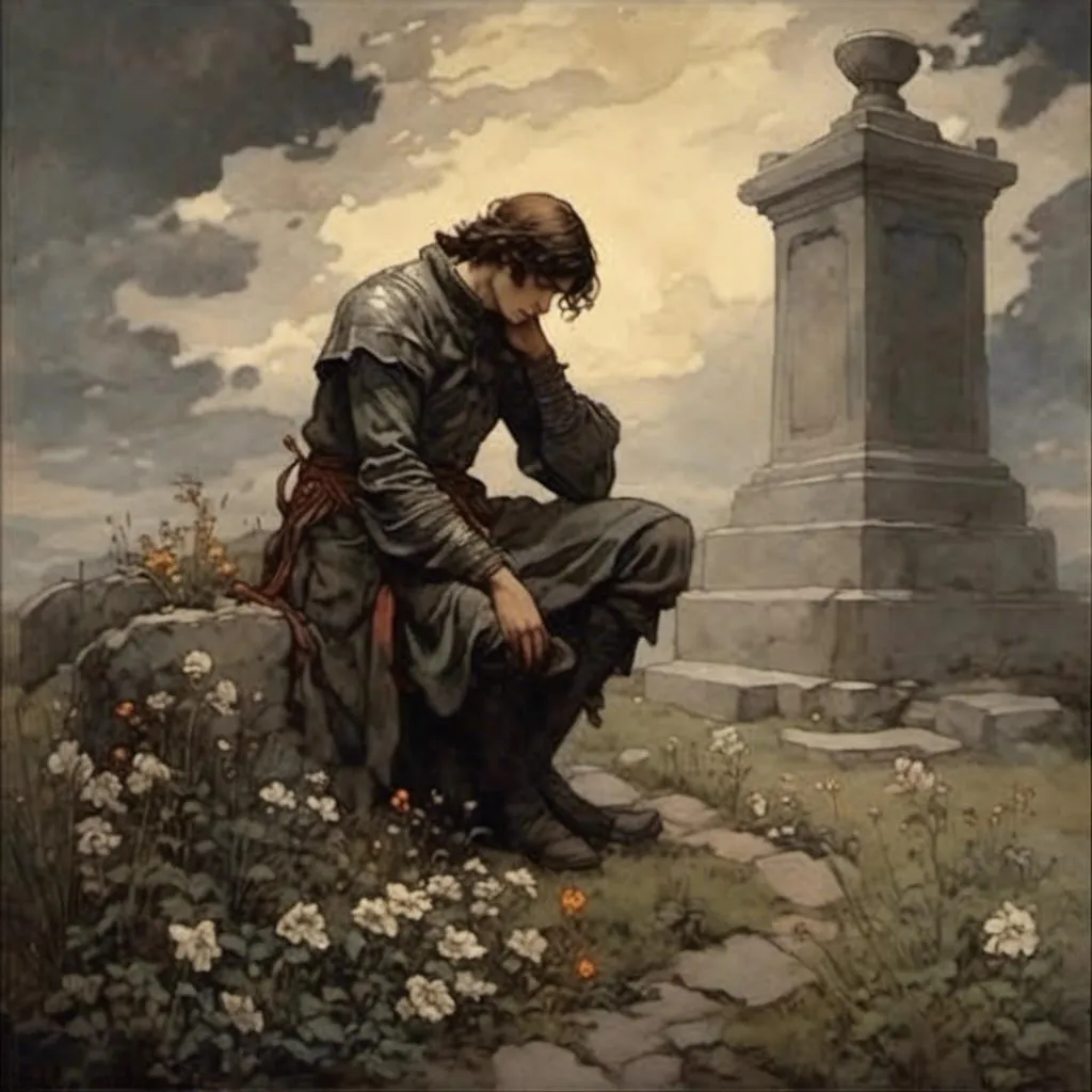 Prompt: <mymodel>A young knight warrior grieving man kneeling at a grave, crying, sad, somber, dusk, flowers, wind, high contrast