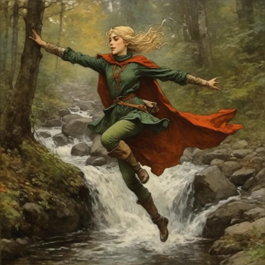 Prompt: <mymodel>a female elven knight jumps across a stream in the woods