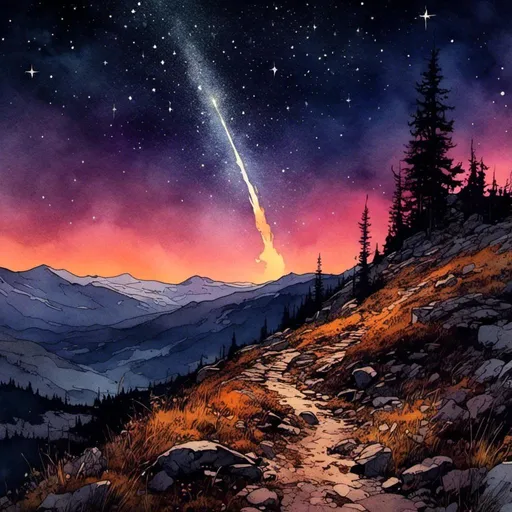 Prompt: <mymodel>falling comet, landscape, high contrast, night sky, trail, fire