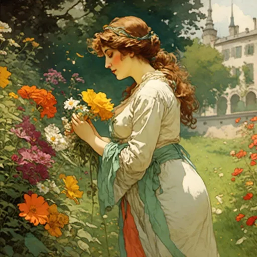 Prompt: <mymodel>a curvy attractive lady smelling growing flowers in a park