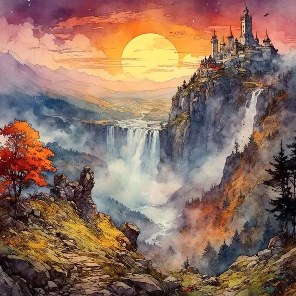 Prompt: <mymodel>landscape, high contrast, wind, dawn, waterfall falls into a colorful mist