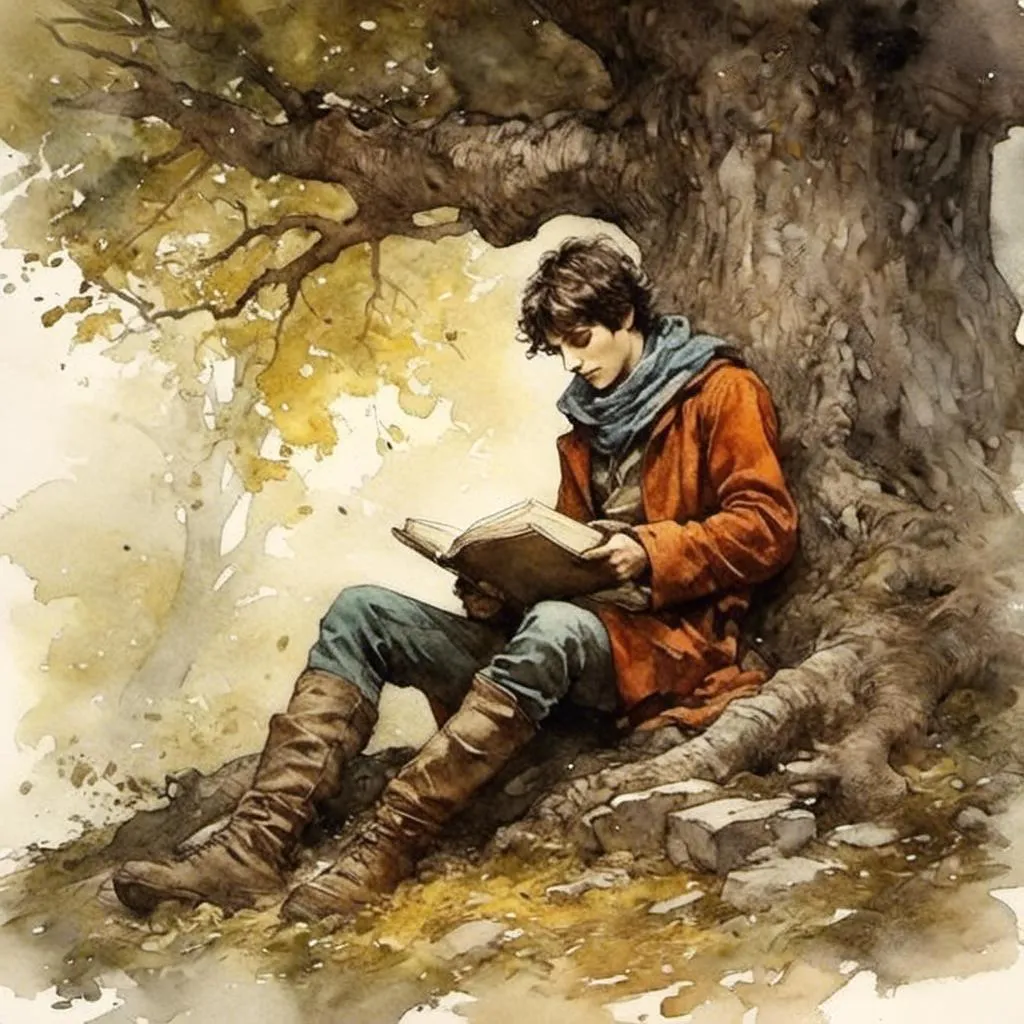 Prompt: <mymodel>young male adventurer reading under an ancient tree, medieval, fantasy, high contrast, character focus