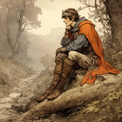 Prompt: <mymodel>A downbeaten elf knight sitting on a log near a trail, tired and rundown, elf ears, contemplative