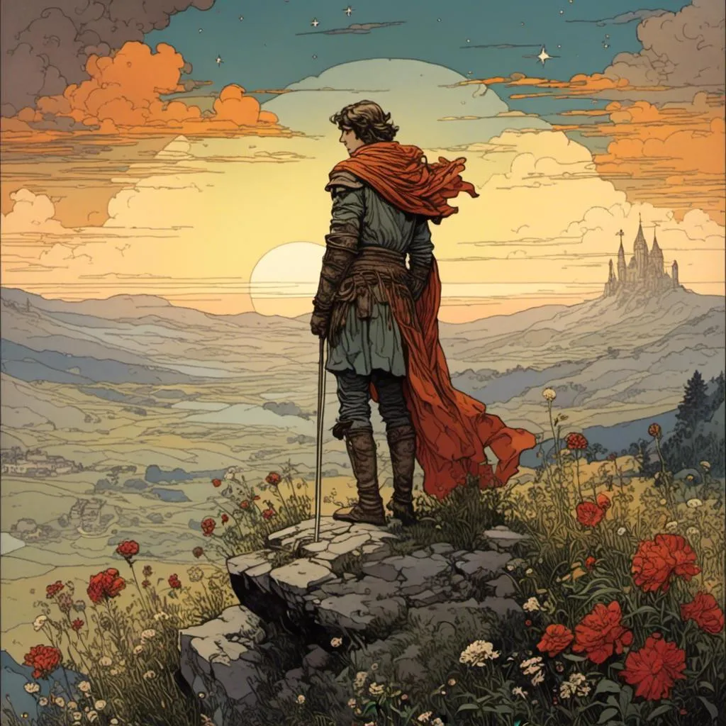 Prompt: <mymodel>A knight, warrior, looking over a vista, high contrast, dawn, wind, flowers