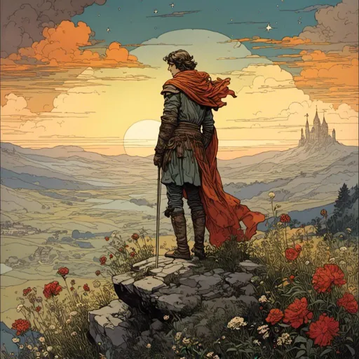 Prompt: <mymodel>A knight, warrior, looking over a vista, high contrast, dawn, wind, flowers