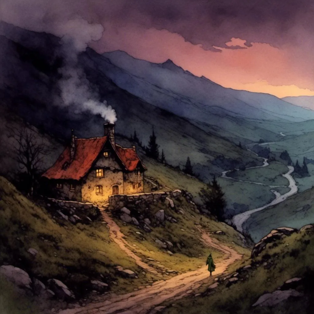 Prompt: <mymodel>medieval, light-fantasy, high contrast, high res, dark shadows, an old, simple, small, inn sits in a valley, along a road, light smoke from its chimney, dusk after sunset <mymodel>A weary traveler, green cloak, approaches from the distance on the road