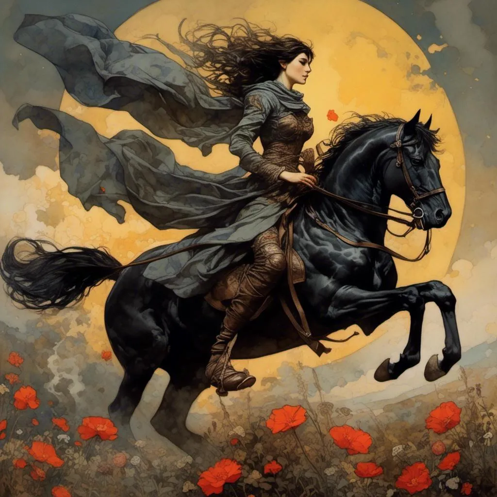 Prompt: <mymodel>A female knight, warrior, riding black horse, high contrast, dawn, wind, flowers