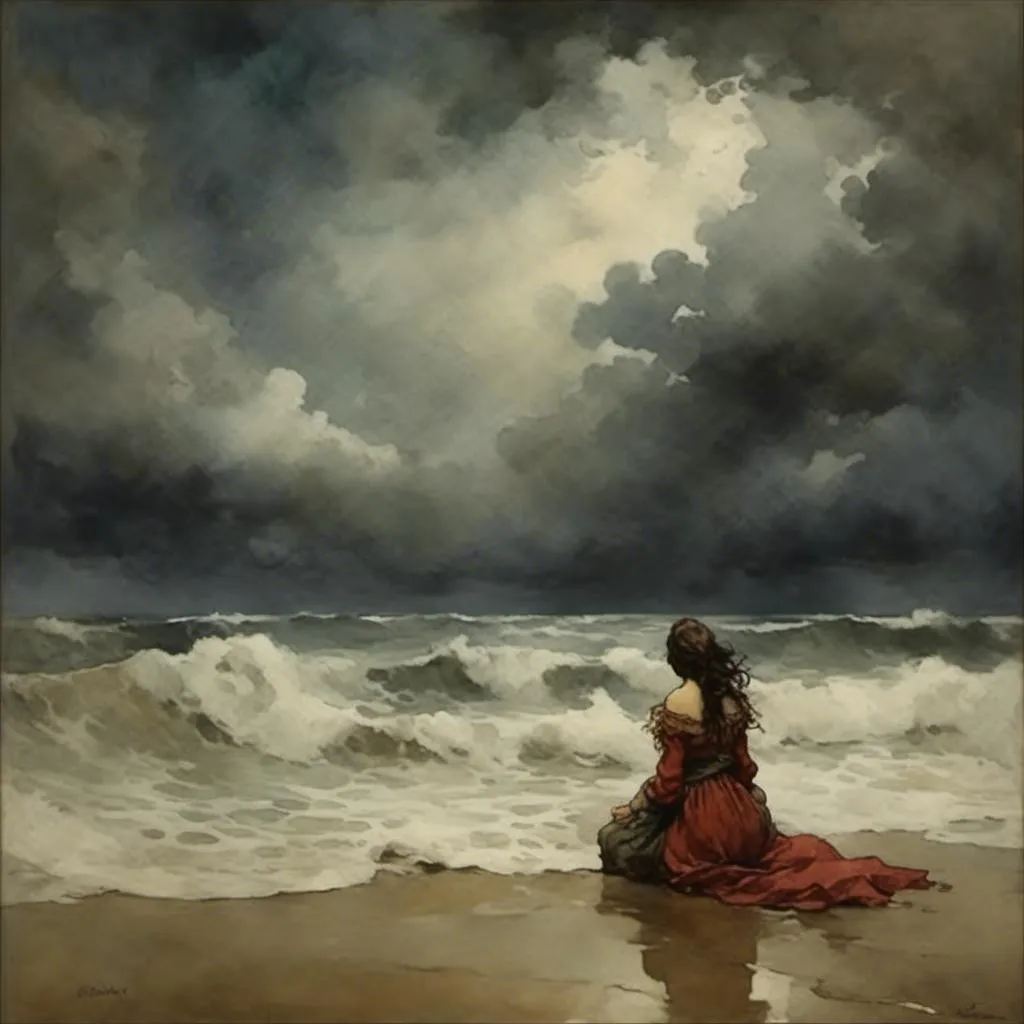 Prompt: <mymodel>a sandy beach before a turbulent ocean, somber, nature, weather, a maiden sits cross legged in the water, big waves, storm, dark clouds, wet hair, wet clothes, driving rain, storm, huge waves, scary
