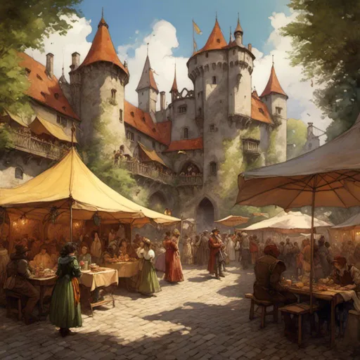 Prompt: <mymodel>a renaissance faire in a castle courtyard, crowds of people, food stands, tables, banners, music, dancing, festival, party, merry, happy, partially clouded, warm, sunny