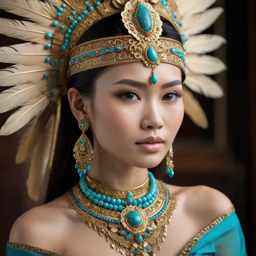 Prompt: A highly detailed and realistic half-body depiction of a beautiful Northern Thai woman dressed in ancient regal attire. She is wearing an elaborate headdress with gold feathers and turquoise gemstones, exuding an aura of elegance and royalty. Her jewelry includes a matching necklace and earrings, adorned with intricate designs and turquoise stones. The lighting is soft and warm, highlighting her flawless skin and graceful features, giving the overall image a soft and ethereal quality. The background is subtly blurred, keeping the focus on the woman and her exquisite attire. The image should have a cinematic and dramatic look, with high production value textures and surfaces, emphasizing the intricate details of her headdress and jewelry. The woman's face should reflect Northern Thai features. She is turning her head to the side, looking away from the camera.
