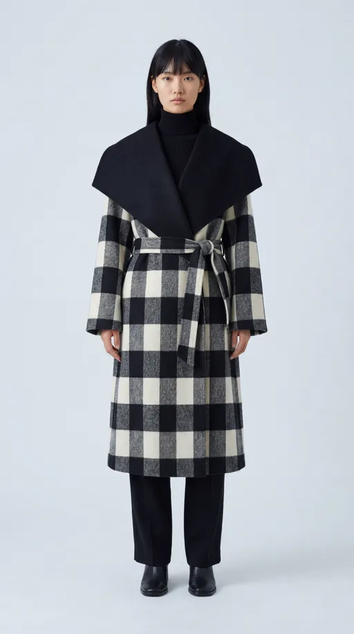 Prompt: full body studio fashion photo, head-to-toe with generous breathing room, extra space above the head and below the shoes, centered in frame, natural human proportions, no wide-angle distortion, Asian woman with straight black hair and dark brown eyes, standing facing camera, neutral expression, wearing a long wrap coat in oversized black-and-ivory buffalo check wool (large squared grid pattern, alternating deep black and warm off-white blocks), mid-calf length, with a dramatic solid-black contrast cape/shawl yoke: an oversized matte-black wool panel that drapes over the shoulders and upper chest like a short cape, forming wide angular shawl lapels in front and a broad black yoke across the upper back; the coat body is fully in the buffalo check with long straight sleeves, clean minimal seams, no visible buttons or zipper, wrap-front fully closed, secured by a matching buffalo-check self-belt (same check fabric as the coat) threaded through belt loops and tied into a side bow at the waist (knot and loops visible), straight column silhouette below the belt with a soft heavy wool drape; styled with a black ribbed turtleneck knit top and black loose straight-leg trousers, black ankle boots, minimal high-end e-commerce styling, very light cool grey seamless studio background (off-white grey), soft diffused lighting, clean catalog aesthetic, sharp focus, realistic materials, 50–85mm lookbook lens feel