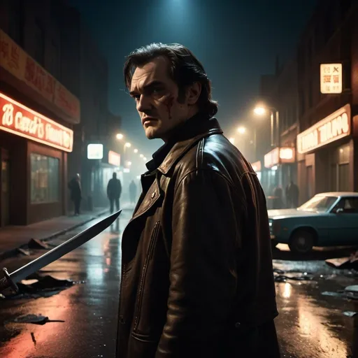 Prompt: A tense and artistically styled photograph, captured in a scene reminiscent of a Quentin Tarantino film, using the meticulous visual techniques of Stanley Kubrick. The image is subtly underexposed, creating a shadowy and intense atmosphere.

Composition and Setting:
The central figure is a hero with a determined expression, standing in a deserted city street at night. He appears partially bloodied, holding a sword stained with blood. The scene is illuminated by scattered street lamps, with the perspective drawing the viewer's eye toward the distant end of the street where city lights converge, suggesting depth and perspective.

Foreground and Midground:
In the foreground, the hero’s figure is sharply detailed, with the texture of his leather jacket and the reflections on the blade of his sword clearly visible. Surrounding him are debris and abandoned vehicles, adding to the atmosphere of chaos. The midground includes elements such as burning cars and wreckage from recent events, also sharply in focus, adding to the tension and action of the scene.

Background:
The background is slightly blurred, depicting silhouettes of tall buildings and streetlights extending towards the vanishing point. Soft city lights cast a gentle glow, emphasizing the urban environment. Distant figures and objects remain indistinct, enhancing the sense of depth and mystery.

Lighting and Colors:
The lighting is carefully planned to create dramatic contrasts of light and shadow. Primary illumination comes from street lamps, casting dramatic shadows. Neon signs and reflections add vibrant touches of color, typical of Tarantino's style. The overall lighting enhances the scene’s tension, subtly underexposed to intensify the atmosphere.

Style and Atmosphere:
The visual style blends Tarantino's narrative flair with Kubrick's technical precision. The scene conveys palpable tension, with each visual element contributing to a sense of imminent danger and action. It captures a poignant moment, filled with emotion and anticipation.