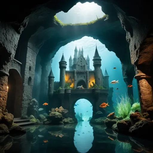 Prompt: Aquarium with fish, foggy, castle and a cave, dramatic fantasy scene, cinematic lighting, and a middle ages caracter 