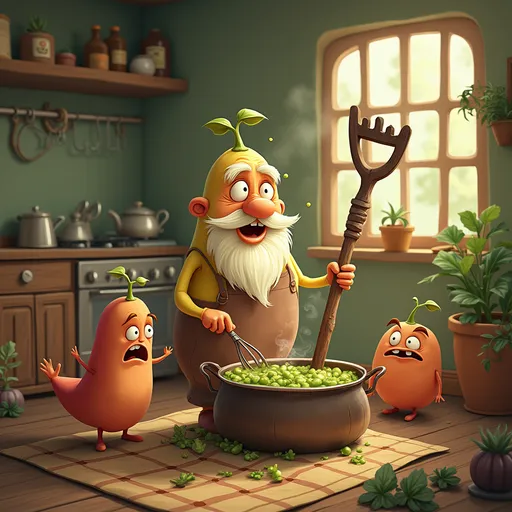 Prompt: Grandad Heirloom is an Heirloom bean. He is a skin colour with a beard and mostashe Grandad Bean stirring a bubbling greenish-purple stew with a garden rake. Beans peek in from the side with horrified expressions. Rustic pod-shaped kitchen in the background. Fun, silly, warm cartoon style. Colourful and child-friendly for ages 4–7.