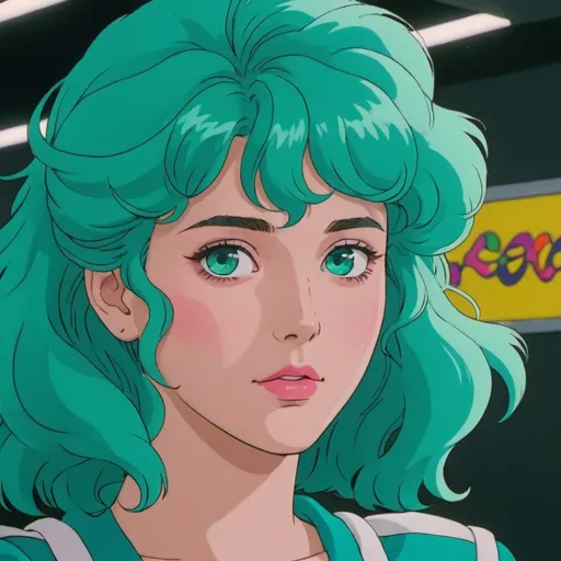 Prompt: 80s anime style screencap, young woman with wavy teal hair and aqua eyes, colorful 80s outfit