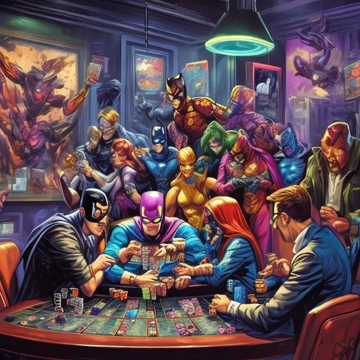 Prompt: Superhero's playing poker, vibrant comic book illustration, high quality, colorful, dynamic poses, intense expressions, dramatic lighting, detailed costumes, professional artwork, action-packed, larger than life, vibrant colors, intense showdown, high stakes, dynamic composition, professional, comic book style, dramatic shadows, best quality, highres, ultra-detailed, vibrant illustration