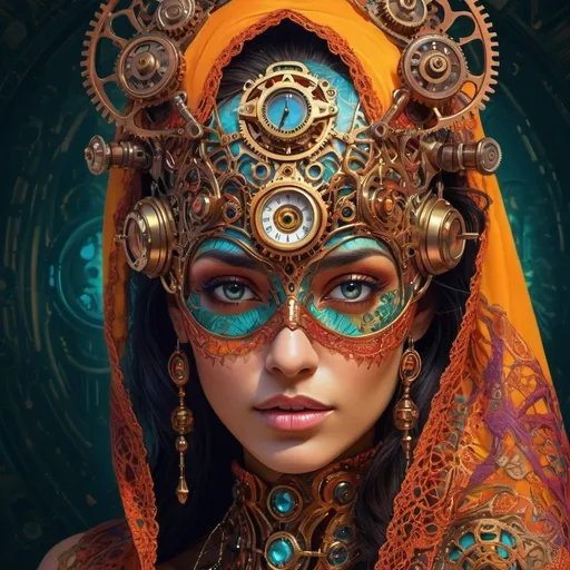 Prompt: Exotic Woman wearing a veil with intricate ornamented mask, surreal digital art, steampunk, detailed clockwork like armor, vibrant color palette, high quality, detailed fire eye, intricate encrusted geometry in the skin, surreal, steampunk, vibrant colors, digital art, detailed, visual effect