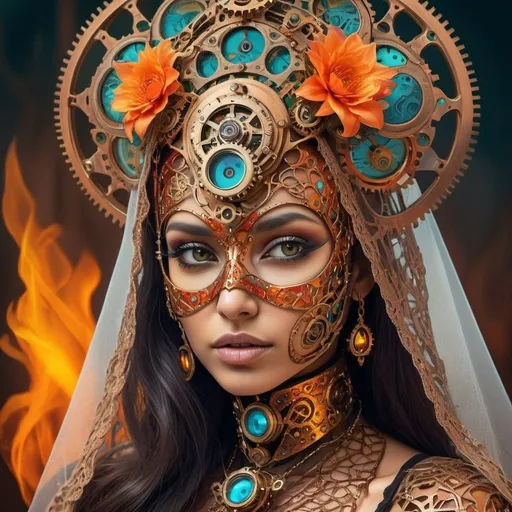 Prompt: Exotic Woman wearing a veil with intricate ornamented mask, surreal digital art, steampunk, detailed clockwork like armor, vibrant color palette, high quality, detailed fire eye, intricate encrusted geometry in the skin, surreal, steampunk, vibrant colors, digital art, detailed, visual effect