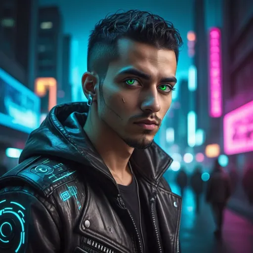 Prompt: Hispanic man in his 20s with cyberpunk style, false eye, urban cyberpunk setting, futuristic cityscape in the background, artificial intelligence, cybernetic eye with neon glow, leather jacket, hi-tech accessories, intense and focused gaze, cool-toned digital art, highres, ultra-detailed, cyberpunk, futuristic, detailed eyes, professional, atmospheric lighting, urban setting