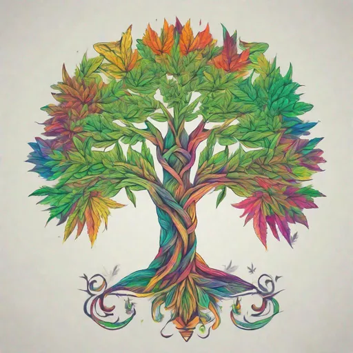 Prompt: Create a flat image of the tree of life with cannabis leaves instead of tree leaves, make it solid line art, colorful, with no background