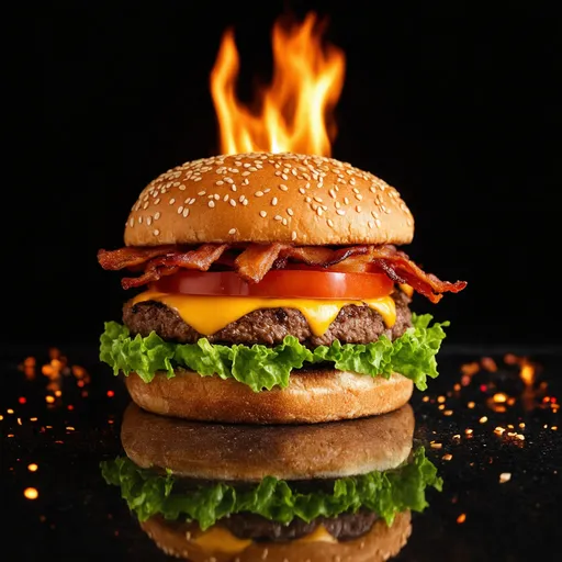 Prompt: A dramatic, high-contrast photograph showcases a double cheeseburger prominently centered in the frame. The burger features layers of fresh green lettuce at the bottom bun, melted yellow cheese, juicy red tomato slices, a thick grilled beef patty with visible char marks, and crispy bacon, all nestled between a toasted light brown sesame seed bun at the top and a slightly darker bun at the bottom. A vibrant flame emerges from behind the top bun, creating an intense visual effect. The flames are bright orange with hints of yellow, adding warmth to the scene. Surrounding the burger are scattered sesame seeds on the dark, reflective surface, as well as small sparks, embers, and smoke particles, enhancing the overall fiery atmosphere. The background is dark with subtle bokeh effects from out-of-focus lights in shades of red, orange, and yellow, contributing to the sense of heat and energy. The composition centers the burger, drawing attention to its appetizing details. The lighting is low-key, focusing on the burger while maintaining a moody ambiance. The color palette includes amber yellow, forest green, deep red, charcoal gray, and warm orange tones, emphasizing the juicy, smoky nature of the food and creating a dynamic, mouth-watering appearance that captures the essence of a perfectly cooked meal.