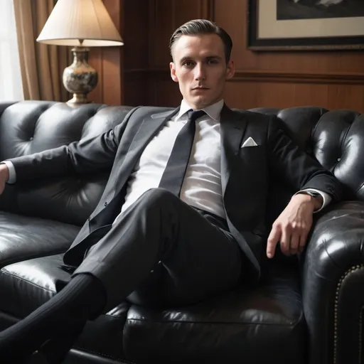 Prompt: A dapper gentleman, wearing a suit, lounges on a sofa, his gaze directed upwards, legs crossed nonchalantly. The camera angle is tilted slightly upwards to capture his perspective. He casually reveals the soles of his feet clad in glossy black socks, reflecting light subtly.