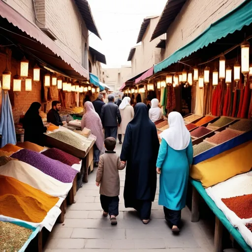 Prompt: 10. Persian Family in Traditional Market: A family walking through a bustling Persian bazaar, with vibrant stalls selling spices, textiles, and handicrafts. , 8k , high quality