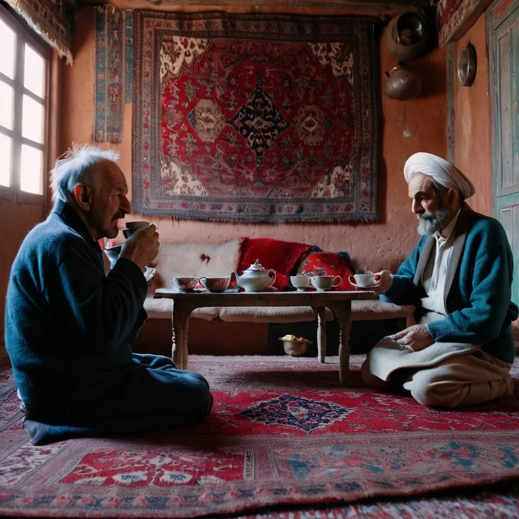 Prompt: old man and woman in an old iranian house with red persian carpets drinking tea , high quality , 8k , fujifilm , super realistic 