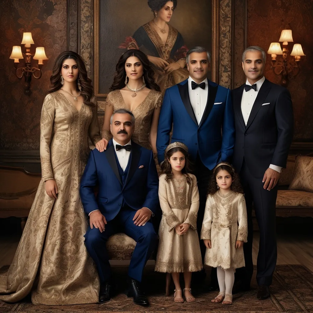 Prompt: . Persian Family Portrait: A formal family portrait with members dressed in elegant Persian attire, showcasing the rich cultural heritage, (super realistic details), rich textures, intricate architectural elements, (8K resolution), (photorealistic), (Fujifilm photography style), creating a cozy and nostalgic atmosphere, evoking warmth and tradition.