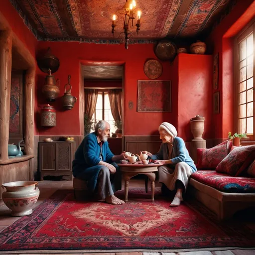 Prompt: (Old man and old woman), sitting in an (authentic Iranian house), surrounded by (vibrant red Persian carpets), enjoying aromatic tea, warm soft light filtering through, (super realistic details), rich textures, intricate architectural elements, (8K resolution), (photorealistic), (Fujifilm photography style), creating a cozy and nostalgic atmosphere, evoking warmth and tradition.