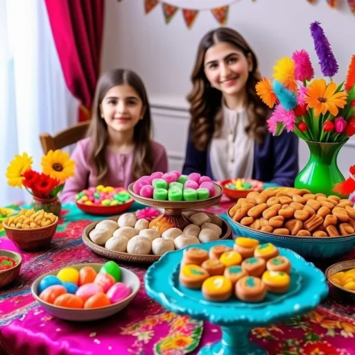 Prompt: Persian New Year Celebration: A family celebrating Nowruz, the Persian New Year, with a Haft-Seen table, colorful flowers, and traditional sweets , high quality , 8k , fujifilm , super realistic