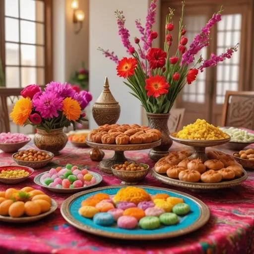 Prompt: A family celebrating (Nowruz), the Persian New Year, adorned with a beautifully arranged (Haft-Seen table), vibrant (colorful flowers), and delightful (traditional sweets), capturing the warmth and joy of the celebration, (8K) ultra-detailed, (photorealistic), bright atmosphere, showcasing love and togetherness during this festive occasion, rich textures and hues, emphasizing the significance of heritage and community.