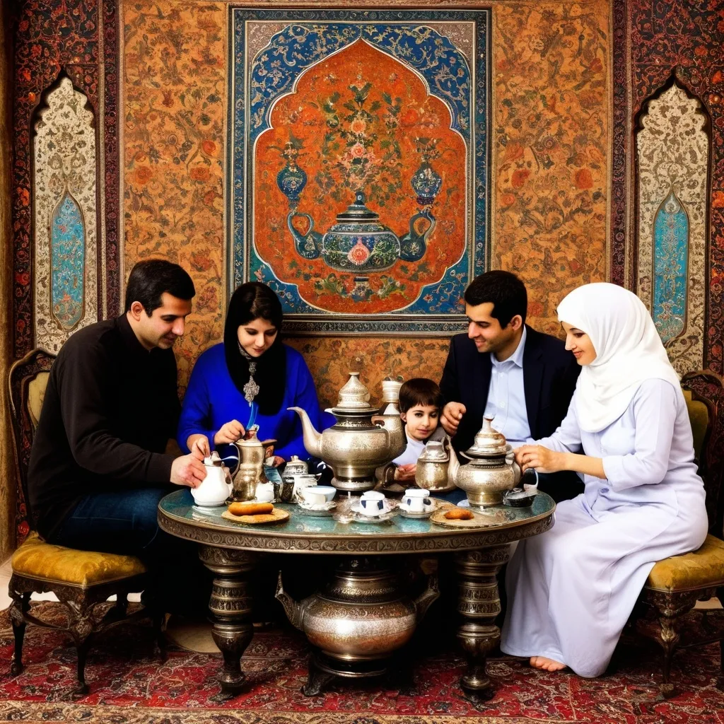 Prompt: 8. Persian Family Tea Time: A family enjoying tea with a traditional Persian samovar, surrounded by Persian art and calligraphy.